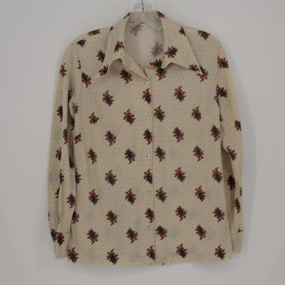 Women's Cream‎ Floral Polka Dot Button Up Shirt Size M